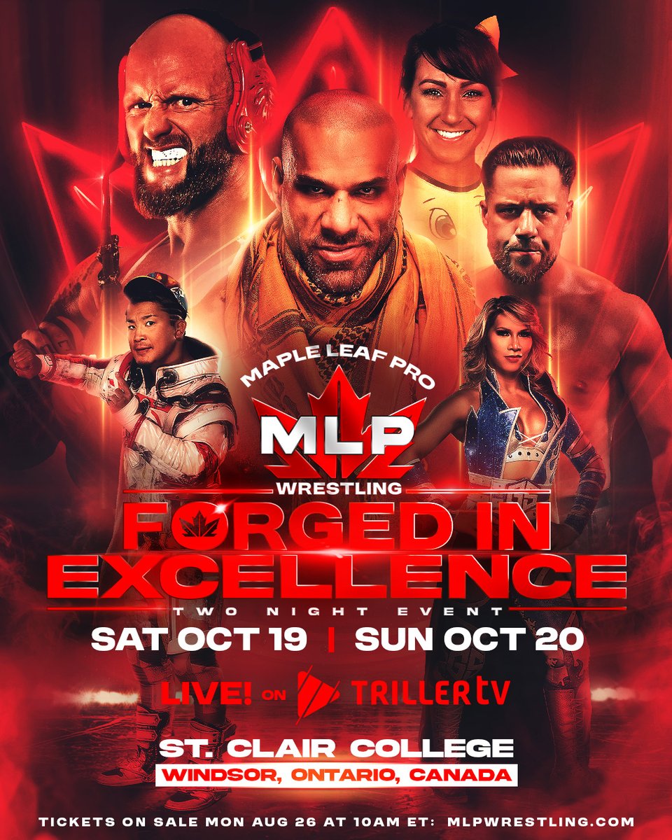 MapleLeafPW's tweet photo. #MAPLELEAFPRO launches Oct 19-20 LIVE on @FiteTV with #MLPForgedInExcellence! Featuring @Walking_Weapon, #KUSHIDA, @IamKylieRae, @TrevorLeePro, @GiseleShaw08, @RajTheMaharaja, and more!

Tickets available August 26th, 10 am at https://t.co/CIUN3Dr5St! https://t.co/rz2LpDjJ2h