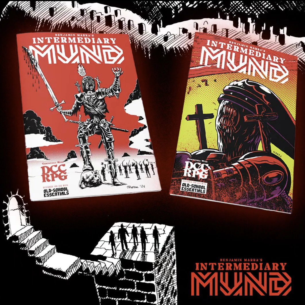 Coming soon! INTERMEDIARY MUND, the illustrated account of the DCC RPG campaigns I ran many years ago, is now published by @exaltedfuneral and has two covers. It documents the adventures and has stats (DCC and OSE) for all MUND's NPCs, Monsters, and Magic Items.