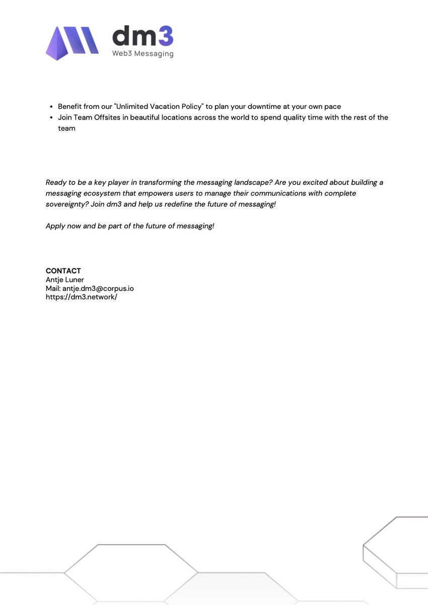 corpus (@cventurestudio) on Twitter photo GM, Are you passionate about building innovative #messaging solutions? <a href="/dm3protocol/">dm3 protocol | web3 messaging</a> is looking for a talented #Fullstack #Developer to join their team. Check out the #job description below to learn more about this opportunity!
#PostgreSQL #wearehiring #Protocol #Blockchain GM, Are you passionate about building innovative #messaging solutions? <a href="/dm3protocol/">dm3 protocol | web3 messaging</a> is looking for a talented #Fullstack #Developer to join their team. Check out the #job description below to learn more about this opportunity!
#PostgreSQL #wearehiring #Protocol #Blockchain