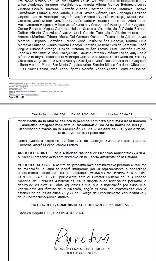 #Atención La Autoridad Nacional de Licencias Ambientales (ANLA) a través de la resolución 001670 del 9 de agosto de 2024, declara perdida de la licencia ambiental del Proyecto Hidroeléctrico La Miel II.