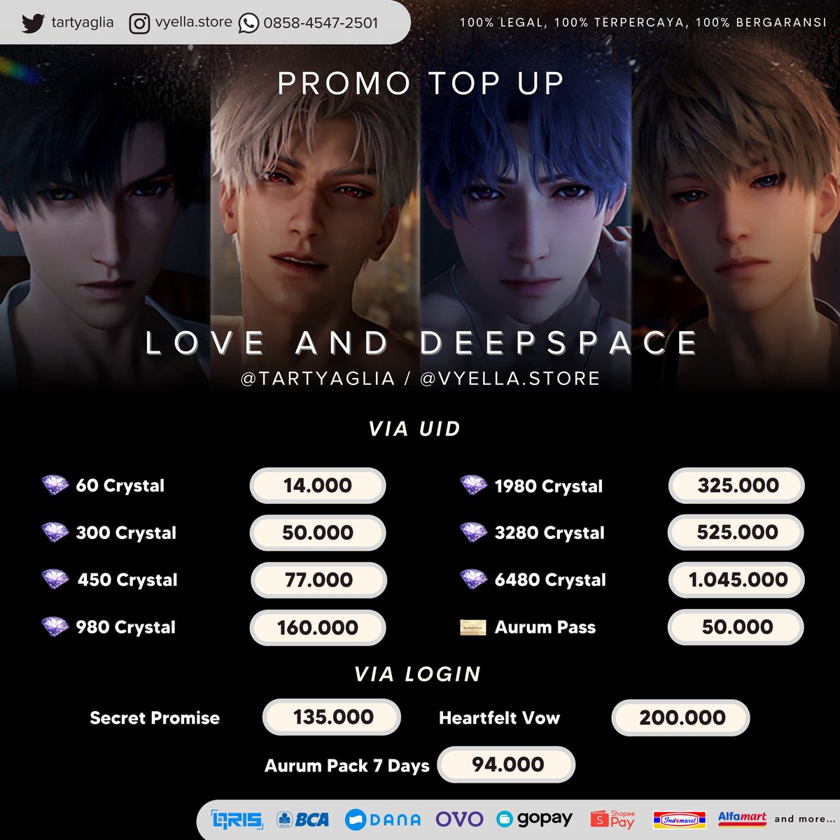 tartyaglia's tweet image. 🔥UPDATE PRICE BIG PROMO
LOVE AND DEEPSPACE🔥

Dalam rangka banyak hal baik yang terjadi di bulan ini, aku mau adain promo buat kalian yang belum bisa pulangin ayang nya~🥹💞 Semoga hal-hal baik menghampiri kalian juga yah!💞

☑️ via UID 100% legal mendapatkan invoice resmi…