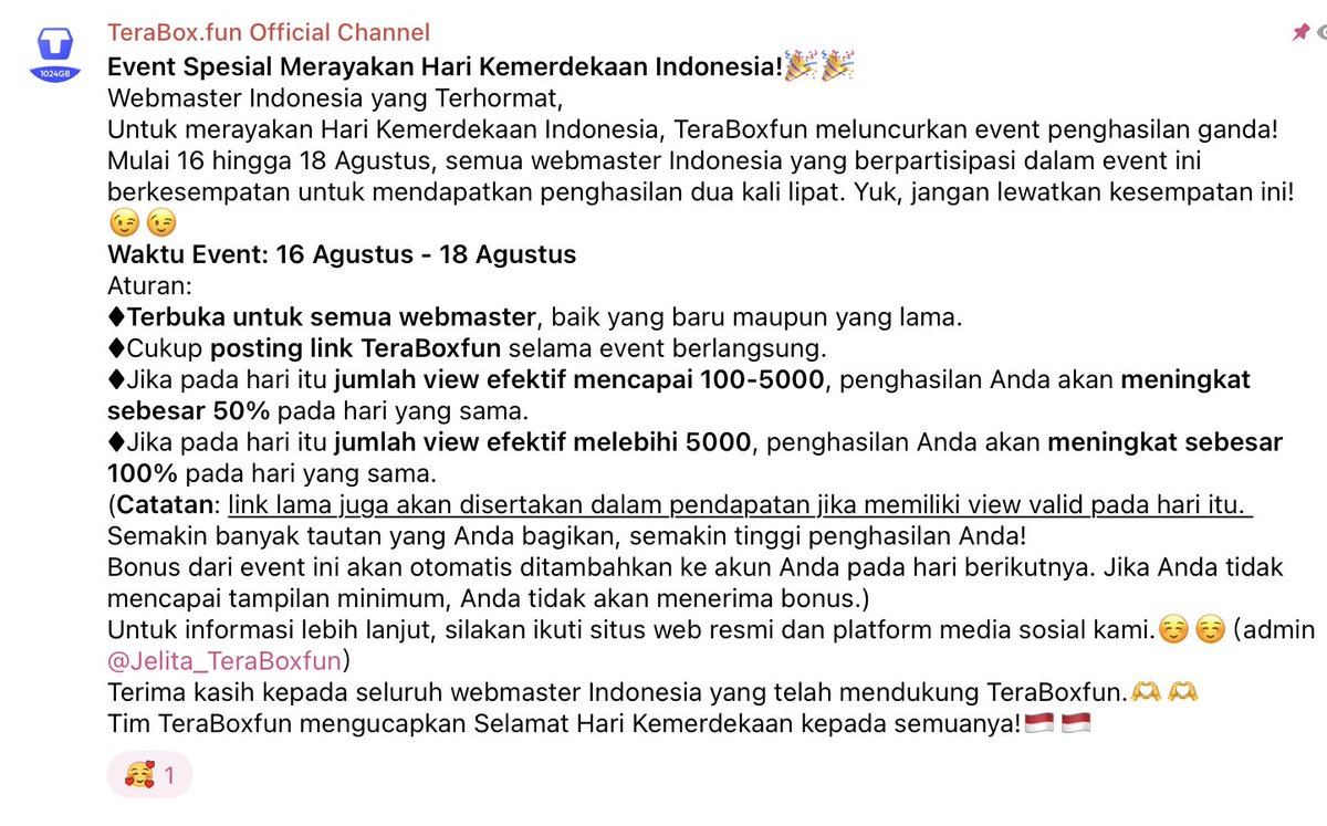 TeraBoxfun's tweet photo. Halo, para webmaster! Event TeraBoxfun sudah dimulai!👏👏 Segera bagikan link dan raih kesempatan dapatkan penghasilan dua kali lipat. Jika ada pertanyaan tentang pendaftaran atau fitur, hubungi admin kami.@Sofi_TeraBoxfun  🥰🥰 Semoga sukses! https://t.co/8GKBPC0gSf