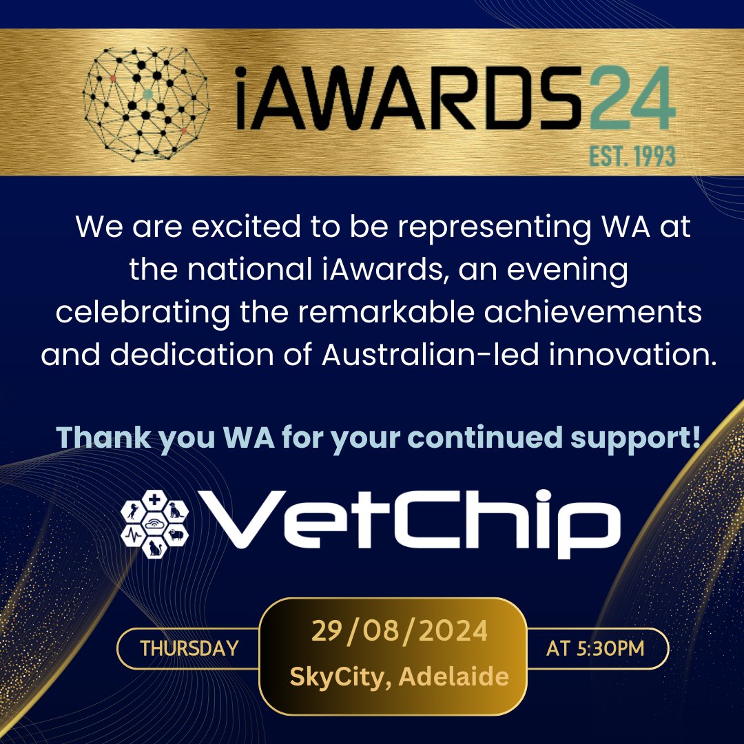 VetChip is proud to be representing WA at the upcoming national iAwards celebrating leading Australian innovation. Good luck to our fellow WA finalists

 #VetChip #WesternAustralia #AIIA #iAwards #Innovation #Australia #biotechnology #inciteawards #animalhealth #animalwelfare