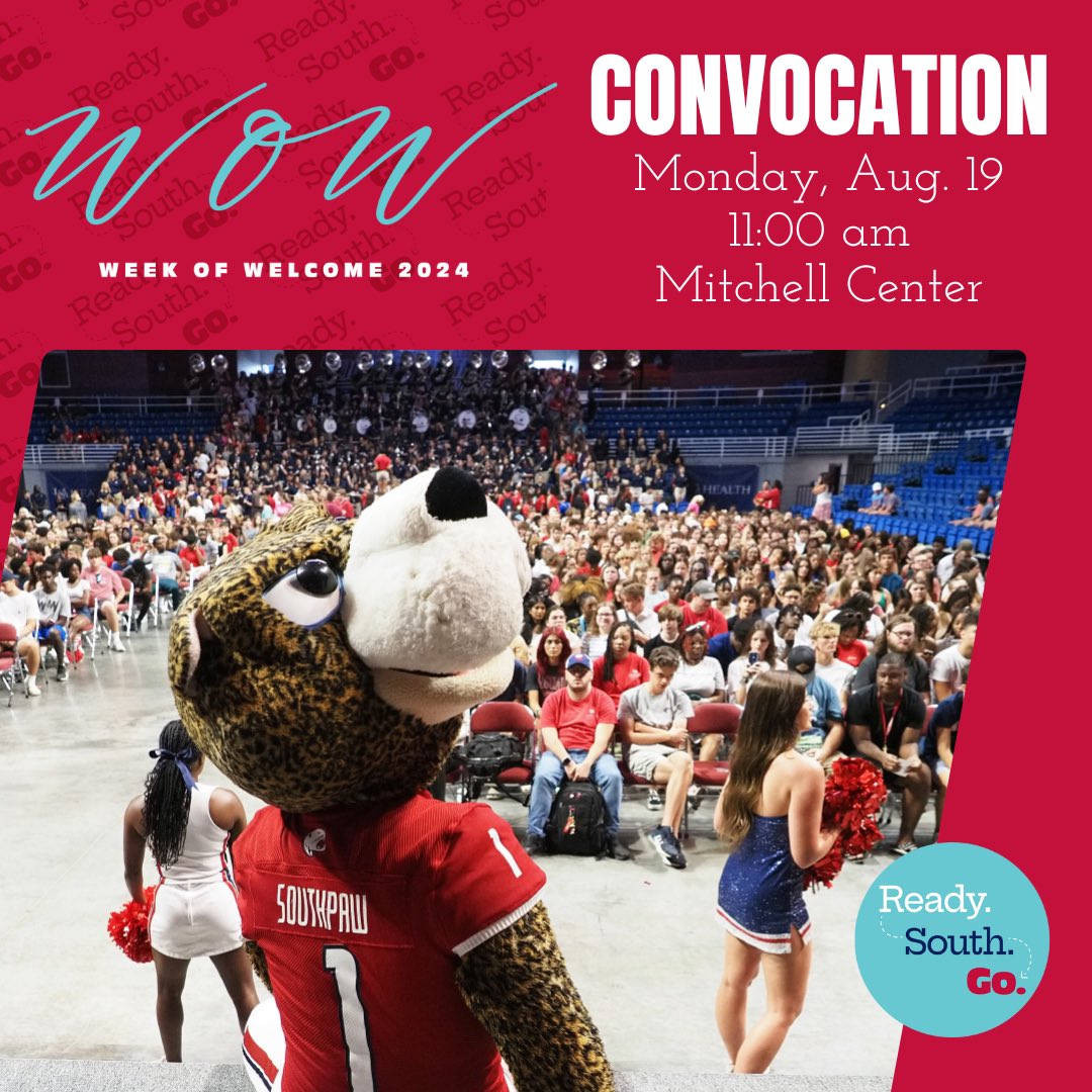 Convocation takes place on Monday, Aug. 19 at 11 a.m. in the Mitchell Center. We hear there’s going to be a really cool special music guest! #SouthAlabama 🎤