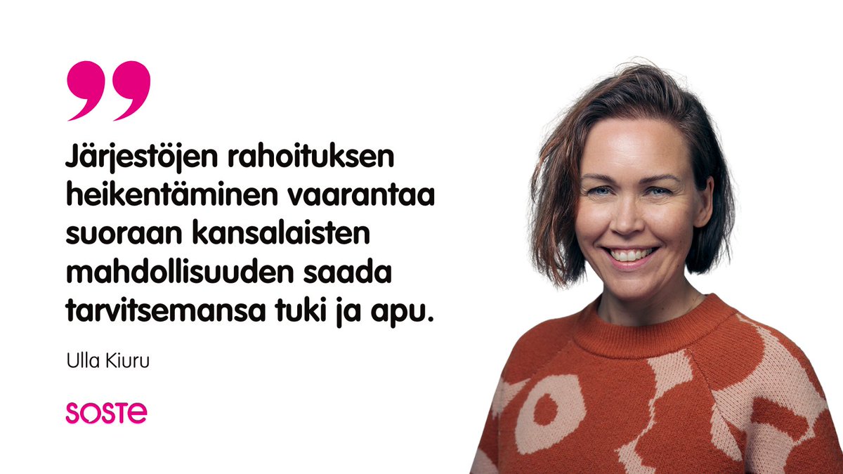 Hallituksen suunnittelema järjestörahoituksen heikentäminen vaarantaa suoraan kansalaisten mahdollisuuden saada tarvitsemansa tuki ja apu.

Katso esimerkeistä, millaisia vaikutuksia avustusleikkauksilla voi olla järjestöjen tarjoamaan apuun ja tukeen 👉 soste.fi/uutiset/sosten…