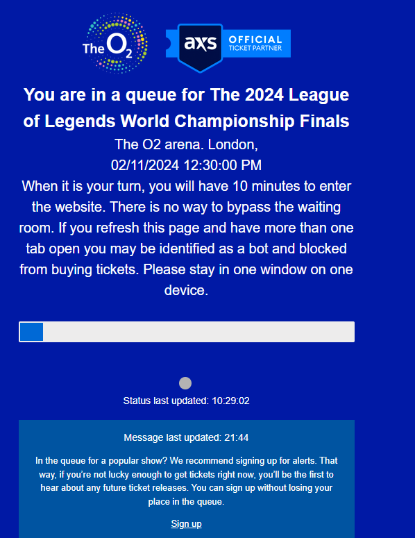 MrAwbery's tweet image. Still in queue for Worlds 2024 tickets in London, seeing everywhere they're sold out already. What am I queueing for then? 😂