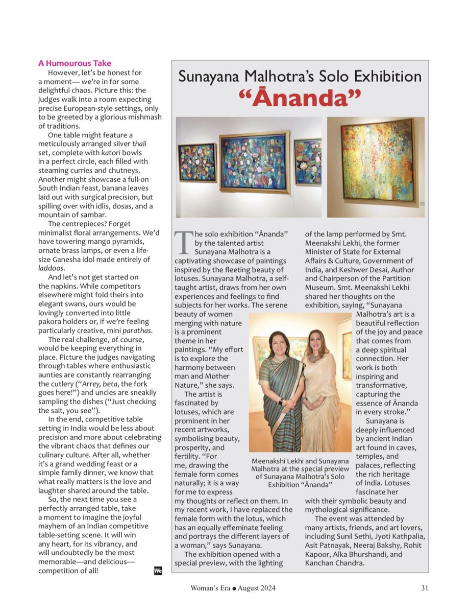 Snowhiteaditi19's tweet photo. Happy to share my article on “Competitive Table Setting!” in the August 2024 issue of Woman’s Era Magazine! 🍽️✨
Learn about the art of creating stunning tablescapes that impress. Let’s elevate your dining experience!
#WomansEra #CompetitiveTableSetting #TableDecor #HomeDecor https://t.co/xVaabAqove