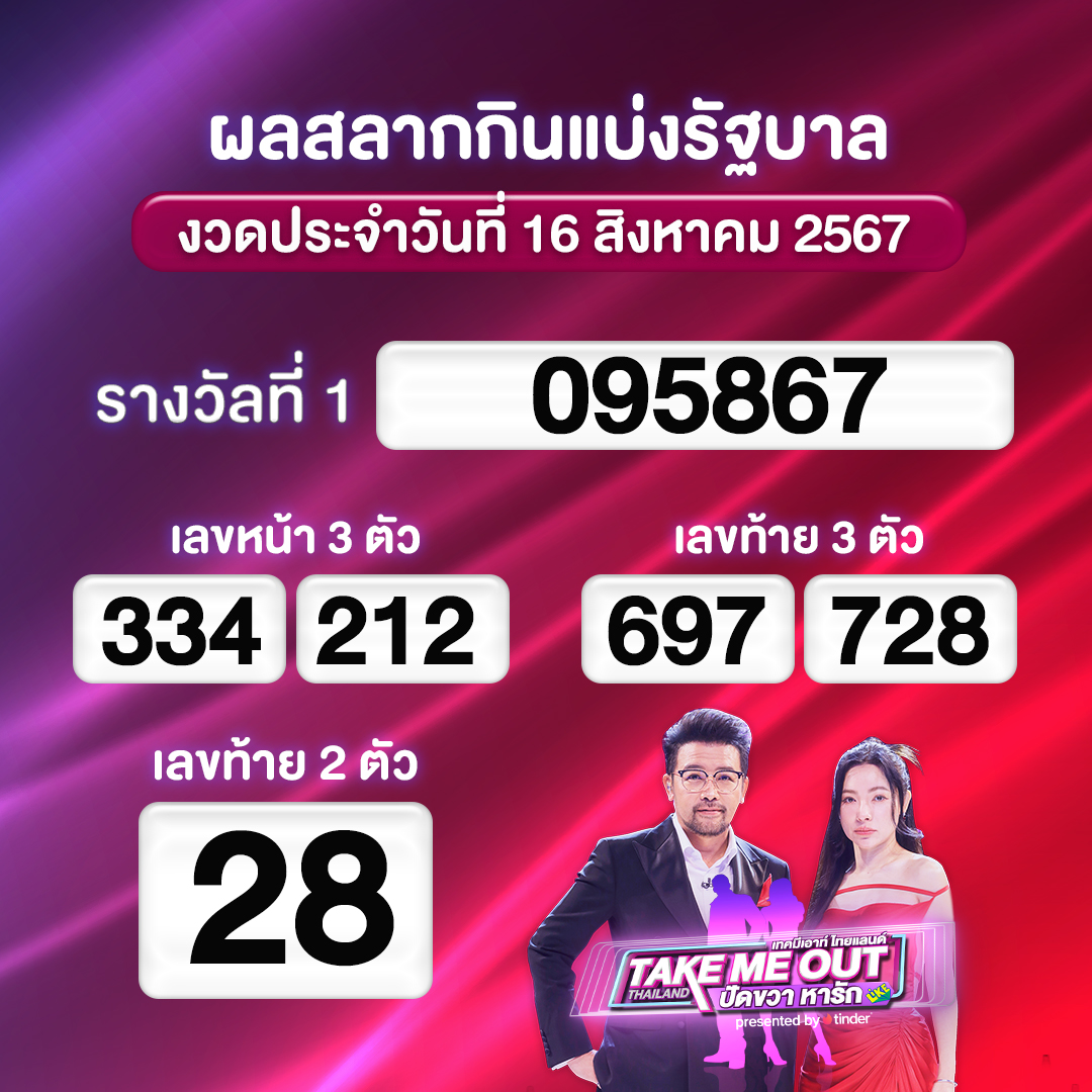 ผลสลากกินแบ่งรัฐบาล
งวดประจำวันที่ 16 สิงหาคม 2567

#หวยออก #takemeoutthailand #TVThunder