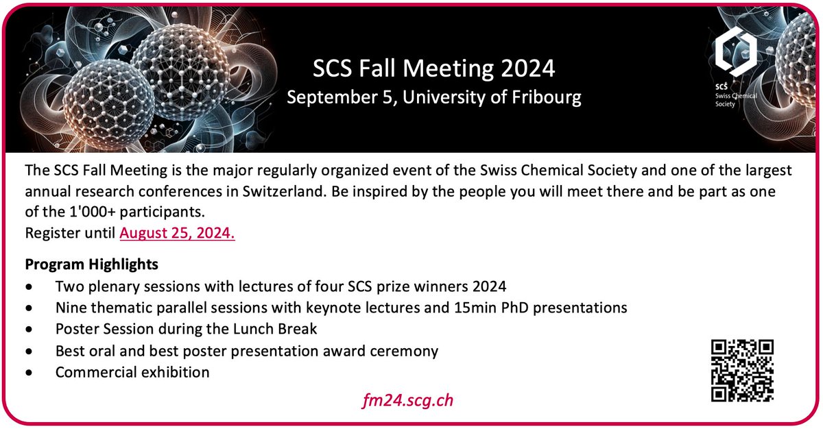 📢SCS Fall Meeting 2024 
Deadline for registration approaching! 
Don't miss out on our big event and register now:
fm24.scg.ch/registration
#fm24 #scs #unifr #chemistry #symposia #switzerland