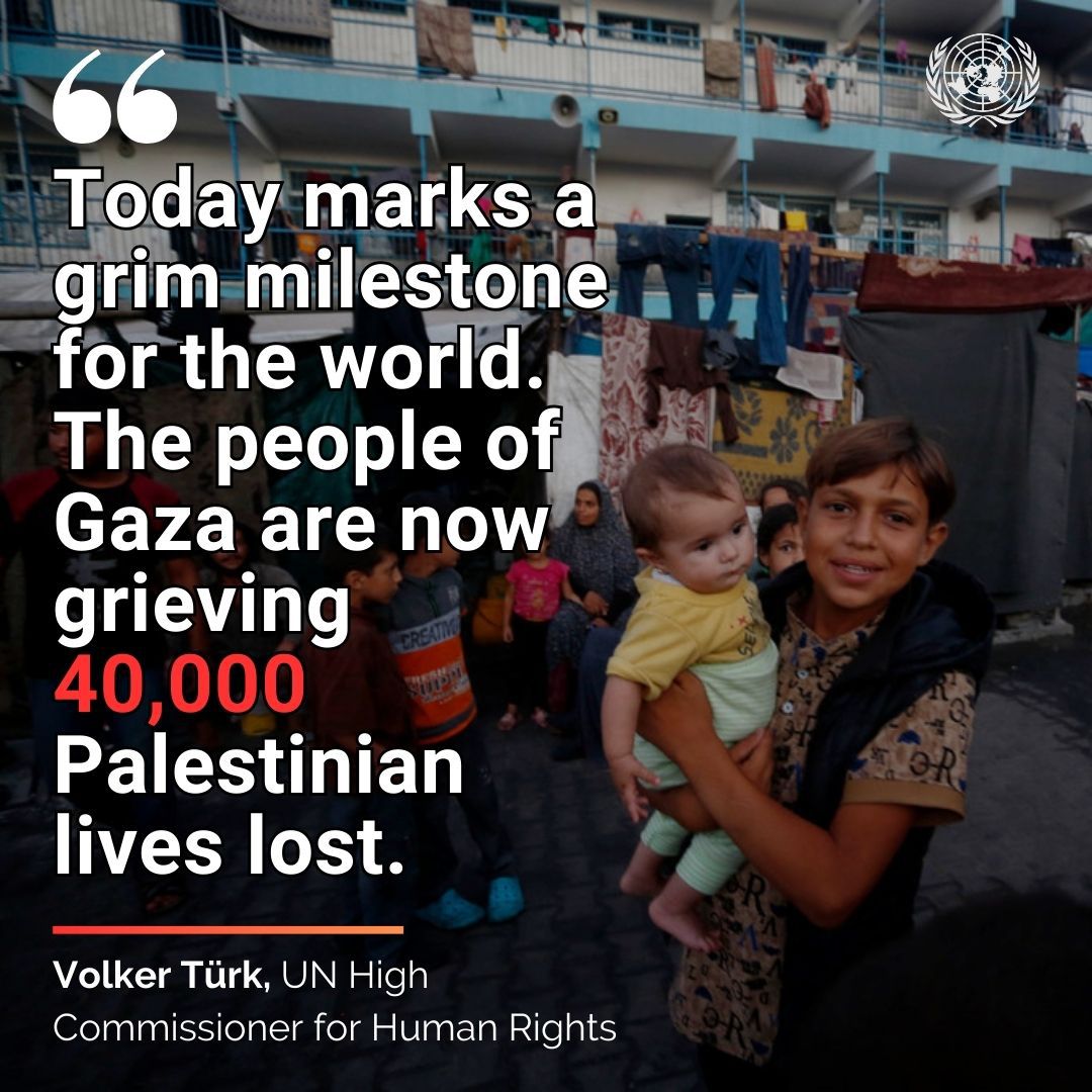 United Nations Geneva (@ungeneva) on Twitter photo ⚖️ As the death toll in #Gaza surpasses 40,000, UN rights High Commissioner <a href="/volker_turk/">Volker Türk</a> urges an immediate end to the violence. On average, 130 lives are lost daily - most of them are women and children. <a href="/UNHumanRights/">UN Human Rights</a>
is.gd/SsyfFA ⚖️ As the death toll in #Gaza surpasses 40,000, UN rights High Commissioner <a href="/volker_turk/">Volker Türk</a> urges an immediate end to the violence. On average, 130 lives are lost daily - most of them are women and children. <a href="/UNHumanRights/">UN Human Rights</a>
is.gd/SsyfFA