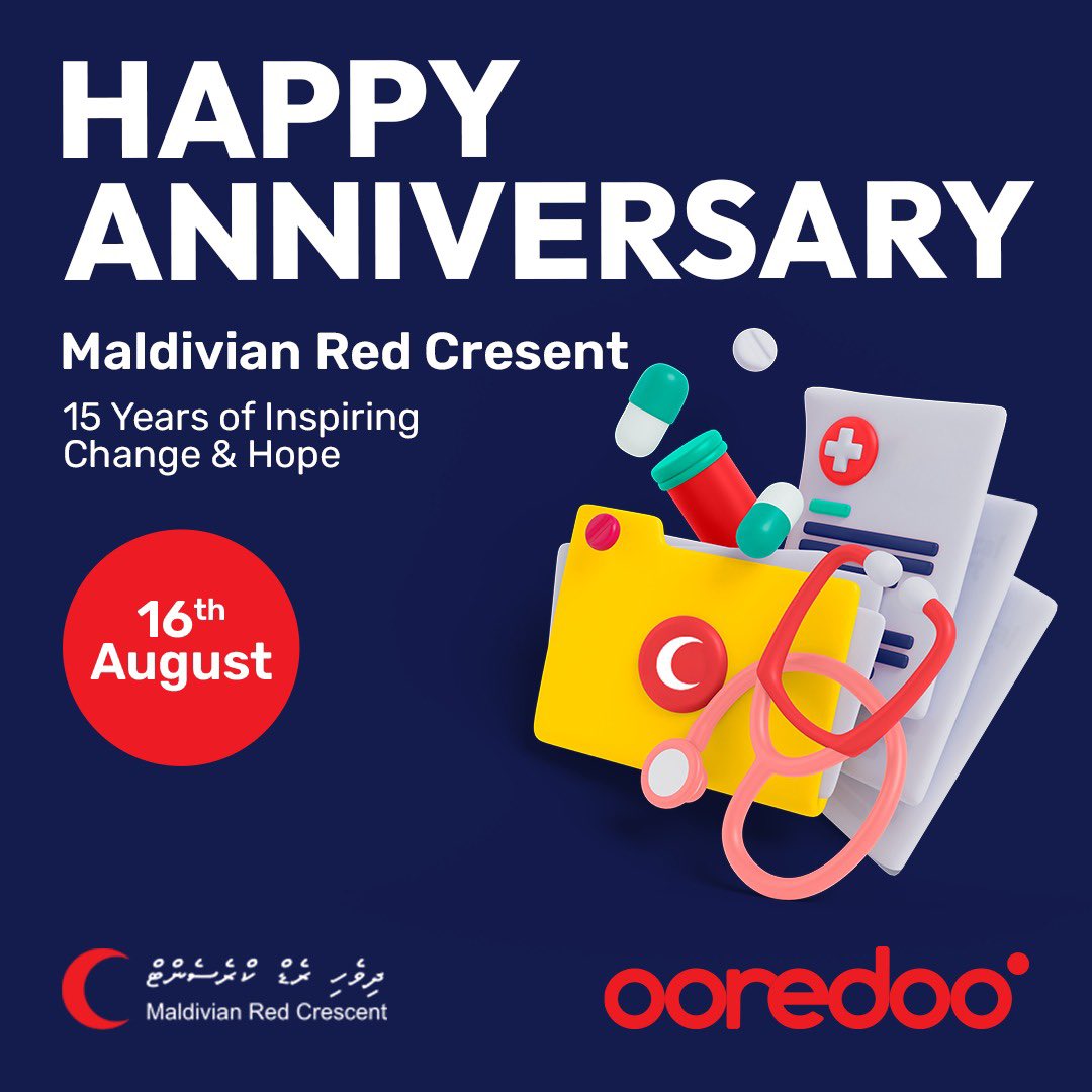 Ooredoo Maldives (@ooredoomaldives) on Twitter photo Happy 15th Anniversary to <a href="/maldivianrc/">Maldivian Red Crescent</a>! 🥳 Shoutout to all the volunteers, members, and staff for their incredible dedication to serving humanity. 👏#Heyohithun #MRC15 Happy 15th Anniversary to <a href="/maldivianrc/">Maldivian Red Crescent</a>! 🥳 Shoutout to all the volunteers, members, and staff for their incredible dedication to serving humanity. 👏#Heyohithun #MRC15