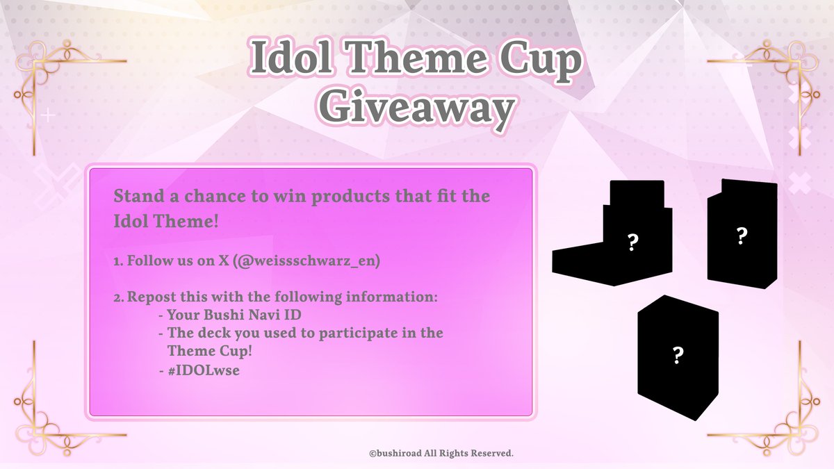 weissschwarz_en's tweet photo. 🎁 Giveaway Campaign 🎁

We've almost come to the end of the first Theme Cup! What sort of decks have you been playing?

Follow the steps for a chance to win products related to the Idol theme!

🔗 https://t.co/Djv6KvWWIS

#WeissSchwarz #TCG #IDOLwse https://t.co/Axnsj6b9h7