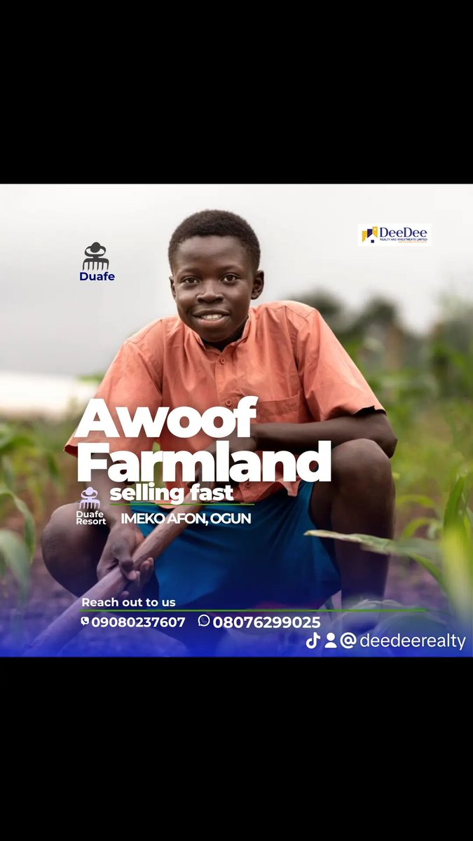 deedeerealtyinv's tweet photo. Invest in the land of plenty with Awoof farmland.
Selling fast at Imeko Afon, Ogun
300 SQM-2.5M
500 SQM-3.5M
Send a DM today
#deedeerealtyandinvestmentslimited #realestate #lagos #epe #Imeko #farmland #Igbodu #contractor #haulage #cement #farming #agric #harvest https://t.co/9BKWVXedwm