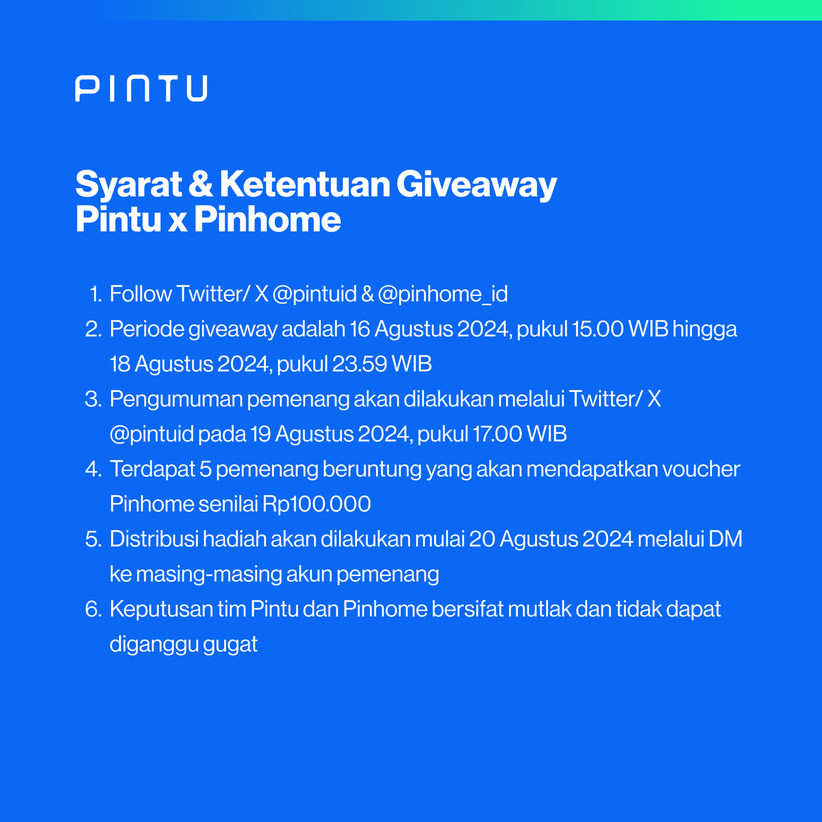 PintuID's tweet photo. Mintu mau bagi-bagi 5 voucher senilai 100k buat kalian cobain @pinhome_id 🚀🚀

Syaratnya gampang!
- Follow @pintu_id dan @pinhome_id
- Repost dan reply tweet ini + mention 3 temen yang pengen beli rumah lewat investasi crypto!!

Pemenangnya bakal dipilih random ya!

Gas! 👇👇 https://t.co/UzVyiVY5HE