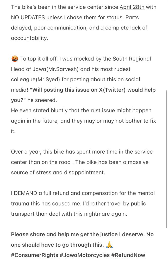 almostajaaa's tweet image. Trauma from @jawamotorcycles ‼️

@jagograhakjago @ConsumerRights @ConsumerLaw @ConsumerReports 
@reach_anupam @yezdiforever @BRustomjee @bsamotorcyclein @ashishkjoshi @ashishkjoshi 
#ConsumerProtection #consumerright #trending #trauma #BIKERS 

👇🏼👇🏼