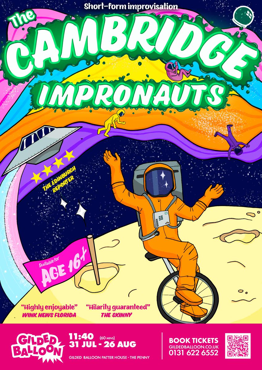 Impronauts's tweet photo. The Cambridge Impronauts are back at @Gildedballoon (Patter Hoose) every morning at 11:40am with short skits, daft tasks, and funny stories: all improvised so you'll have a unique show. 🚀 👽 ☄��� 
#Comedy #EdFringe2024 #TweetTheMedia #QuickFlyer
https://t.co/DZuo8qSzzc https://t.co/6jl7FxAqim