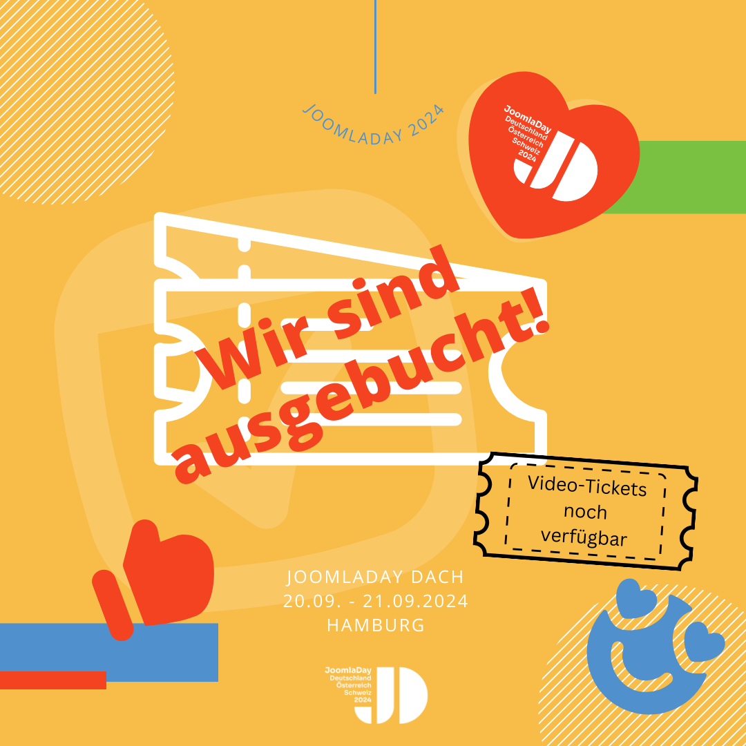 Wenn du ein Ticket hast, vielen Dank für deinen Kauf. Wir freuen uns darauf, dich in Hamburg zu treffen. 
Für die anderen: Wir bieten Video-Tickets an, damit du dir die Vorträge zeitnah anschauen kannst.
#jd24dach #JoomlaDayDACH #JoomlaDay #Joomla