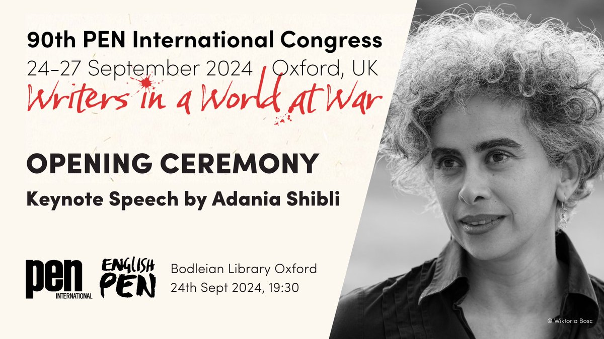 We are thrilled to announce that Adania Shibli will be delivering the keynote in partnership with <a href="/englishpen/">English PEN</a> at the opening of #PENInternational’s 90th Annual Congress in Oxford! Join us at the <a href="/bodleianlibs/">Bodleian Libraries</a> on 24th Sept, 19:30, where you’ll also hear from English PEN President
