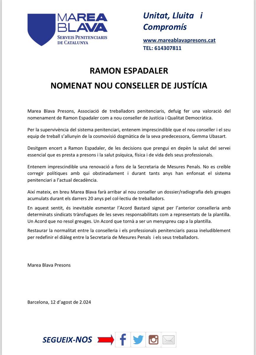 <a href="/MBPresons/">𝙼𝚊𝚛𝚎𝚊 𝙱𝚕𝚊𝚟𝚊 𝙿𝚛𝚎𝚜𝚘𝚗𝚜</a> espera que <a href="/Ramon_Espadaler/">Ramon Espadaler</a> s'allunyi del dogmatisme <a href="/gemmaubasart/">gemma ubasart</a> 🛑 i prengui decisions que millorin el sistema penitenciari 🔄 i la salut dels seus professionals 🛡️💪.  <a href="/govern/">Govern de Catalunya</a> <a href="/justiciacat/">Justícia</a>