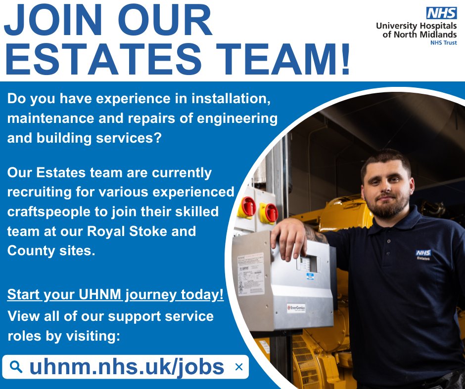 CareersAtUHNM's tweet photo. Do you have experience in installation, maintenance and repairs of engineering and building services? 

Our Estates team are currently recruiting for experienced craftspeople to join their skilled team at our Royal Stoke and County sites.

Apply today ➡ https://t.co/shxAtzt6s8 https://t.co/dytvNEGT3b