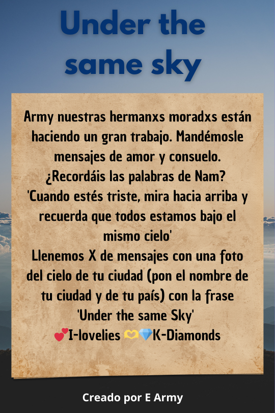 BTS_inSpain2's tweet photo. 📢 ARMY joins you????
We want to give comfort and encouragement to K Army. Join ‘Under the same Sky’.
💕I-lovelies 🫶 💎K-Diamonds
SKY FOR DIAMONDS
#BTSPurpleRibbonProject
-🦄 https://t.co/216UZFovZM