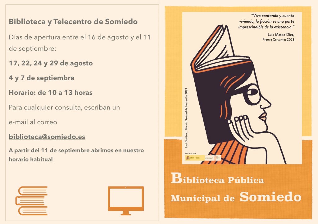 A partir de hoy y hasta el 11 de septiembre, los días de apertura de telecentro y biblioteca de Somiedo serán los que se indica en el cartel 
<a href="/Biblioasturias/">Biblioasturias</a> <a href="/OficialSomiedo/">Somiedo Turismo</a> @QueFemos 
#somiedo #biblioteca #telecentro 📚🖥️🎞️