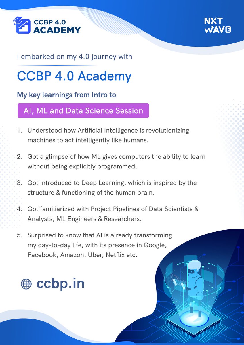 Rudra11goswami's tweet image. Just started my journey into AI, ML &amp;amp; Data Science with CCBP 4.0 Academy! 🌟 Excited about the future and the endless possibilities this knowledge brings. 🚀 #AI #MachineLearning #DataScience #LearningJourney #CCBP4Academy #NxtWave #AIML #Technology