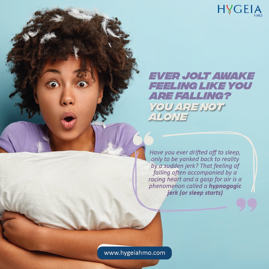HygeiaHMO_'s tweet photo. This is a brief glitch in the transition between wakefulness and sleep.
Most hypnagogic jerks are harmless but if they happen frequently (several times a night) and significantly disrupt your sleep,it's wise to speak to a doctor.
#hypnagogicjerk #sleepstart #hygeiahmo https://t.co/nzOxGmjKJI