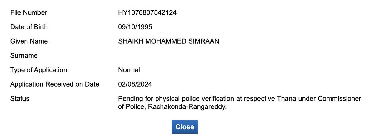 simraan shaikh (@connectsimraan) on Twitter photo <a href="/CPHydCity/">CP Hyderabad City Police</a> <a href="/hydcitypolice/">Hyderabad City Police</a> <a href="/passportsevamea/">PassportSeva Support</a> <a href="/MEAIndia/">Randhir Jaiswal</a> <a href="/TelanganaCMO/">Telangana CMO</a>
Applied for passport renewal, but my police verification is stuck between 2 stations for 14 days. One PS says it’s not under their jurisdiction & the other says the same. What should I do? <a href="/CPHydCity/">CP Hyderabad City Police</a> <a href="/hydcitypolice/">Hyderabad City Police</a> <a href="/passportsevamea/">PassportSeva Support</a> <a href="/MEAIndia/">Randhir Jaiswal</a> <a href="/TelanganaCMO/">Telangana CMO</a>
Applied for passport renewal, but my police verification is stuck between 2 stations for 14 days. One PS says it’s not under their jurisdiction & the other says the same. What should I do?