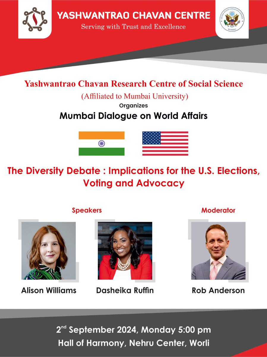 PurvaWalsePatil's tweet photo. Join the Mumbai Dialogue on World Affairs!

The Yashwantrao Chavan Research Centre of Social Science, in collaboration with the U.S. Consulate Mumbai, presents

 The Diversity Debate: Implications for the U.S. Elections, Voting, and Advocacy. 

@ybchavancentre @USAndMumbai https://t.co/NVSd66emPx