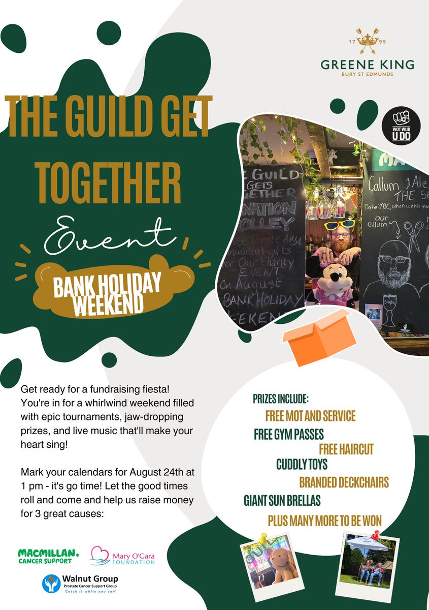 WotWudUDo's tweet image. Don't forget to join us for The Guild Get Together Charity bank hoilday Weekend! Win amazing prizes like gym passes, and an MOT & service worth £220! 🎁
All for 3 great causes @macmillancancer #TheMaryOGaraFoundation #TheWalnutGroup
Let’s make a difference together!