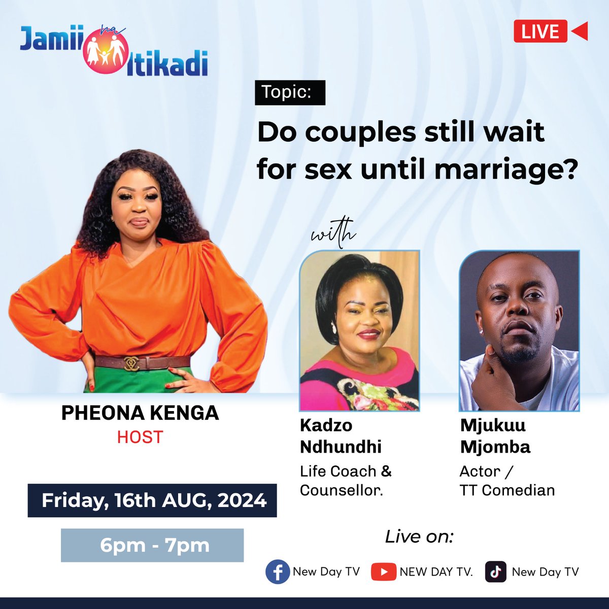 New Day TV (@thetackleke) on Twitter photo This evening on #JamiiNaItikadi we will engage in a candid conversation as we ask Do couples still wait for sex until marriage. The comments box is open let's engage as we anticipate doe this 🔥🔥 discussion.
<a href="/pheonak/">Pheona Kenga™</a> <a href="/kadzondhundhi/">kadzondhundhi@gmail.com</a>
#relationship #lifestyle #couples #NewdayTV This evening on #JamiiNaItikadi we will engage in a candid conversation as we ask Do couples still wait for sex until marriage. The comments box is open let's engage as we anticipate doe this 🔥🔥 discussion.
<a href="/pheonak/">Pheona Kenga™</a> <a href="/kadzondhundhi/">kadzondhundhi@gmail.com</a>
#relationship #lifestyle #couples #NewdayTV