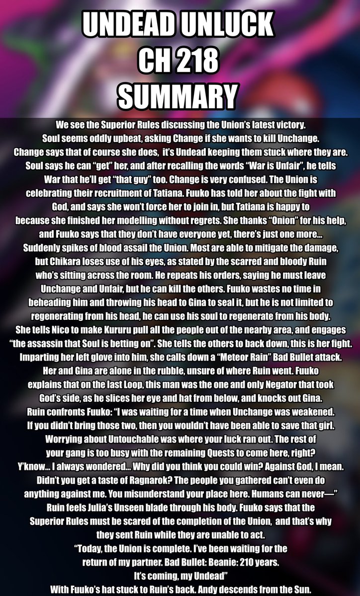 Undeadleaks's tweet photo. #UUSpoilers Undead Unluck Ch 218 summary! Credit goes to the UU Discord. https://t.co/svE1kq4BTC