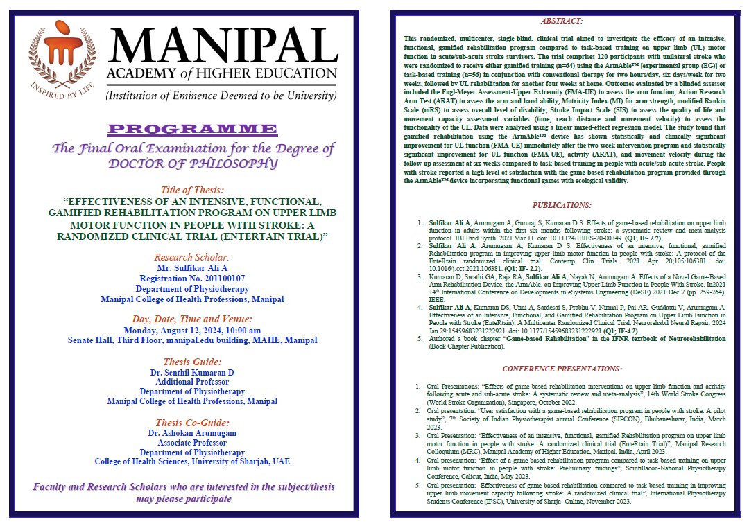 <a href="/PtMchp/">Physiotherapy MCHP</a> congratulates its PhD scholar Mr. Sulfikar Ali for his successful PhD defense and viva-voce on Aug 12, 2024. 🎉 Kudos Dr. Sulfikar Ali &amp; his supervisors Dr. Senthil Kumaran and Dr. Ashokan Arumugam for the accomplishment!

<a href="/MAHE_Manipal/">Manipal Academy of Higher Education</a> <a href="/cds_mahe/">Centre for Doctoral Studies, MAHE</a> <a href="/MCHP_MAHE/">MCHP</a> <a href="/johnsolomon78/">John Solomon</a>