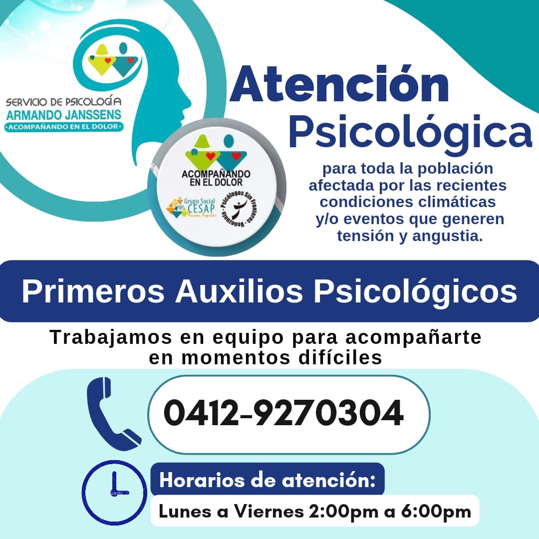 El servicio de Psicología "Armando Janssens" como parte del Programa 
@acompdolor (alianza entre @gscesap y <a href="/psfvenezuela/">Psic. Sin Fronteras Venezuela</a> ) 
ofrecemos apoyo emocional y profesional a las personas afectadas por las lluvias, o cualquier otro evento  y necesiten atención psicológica!!