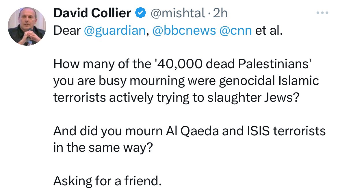 “How many of these slaughtered civilians had it coming” is bad enough IMO before we reckon with the fact this guy *doesn’t give a shit* how many, and would happily respond exactly the same way to a massively higher figure.