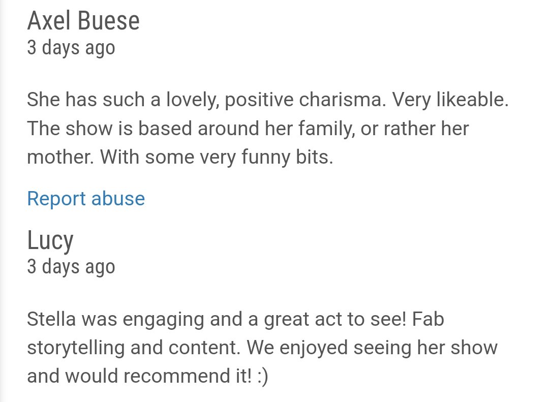 Stella Graham (@stellagraham) on Twitter photo Dared to take a peek ๐ง at the EdFringe audience reviews for Phoenix and they've been very sweet. ๐
๐ข Stella Graham - Phoenix ๐ฆ
๐ฅ
๐
Aug 3 - 25
๐ 4:30pm
๐ The Voodoo Rooms, Edinburgh
<a href="/TheFreeFringe/">PBH's Free Fringe</a> <a href="/edfringe/">Edinburgh Festival Fringe</a>
#edfringe #UnleashYourFringe Dared to take a peek ๐ง at the EdFringe audience reviews for Phoenix and they've been very sweet. ๐
๐ข Stella Graham - Phoenix ๐ฆ
๐ฅ
๐
Aug 3 - 25
๐ 4:30pm
๐ The Voodoo Rooms, Edinburgh
<a href="/TheFreeFringe/">PBH's Free Fringe</a> <a href="/edfringe/">Edinburgh Festival Fringe</a>
#edfringe #UnleashYourFringe