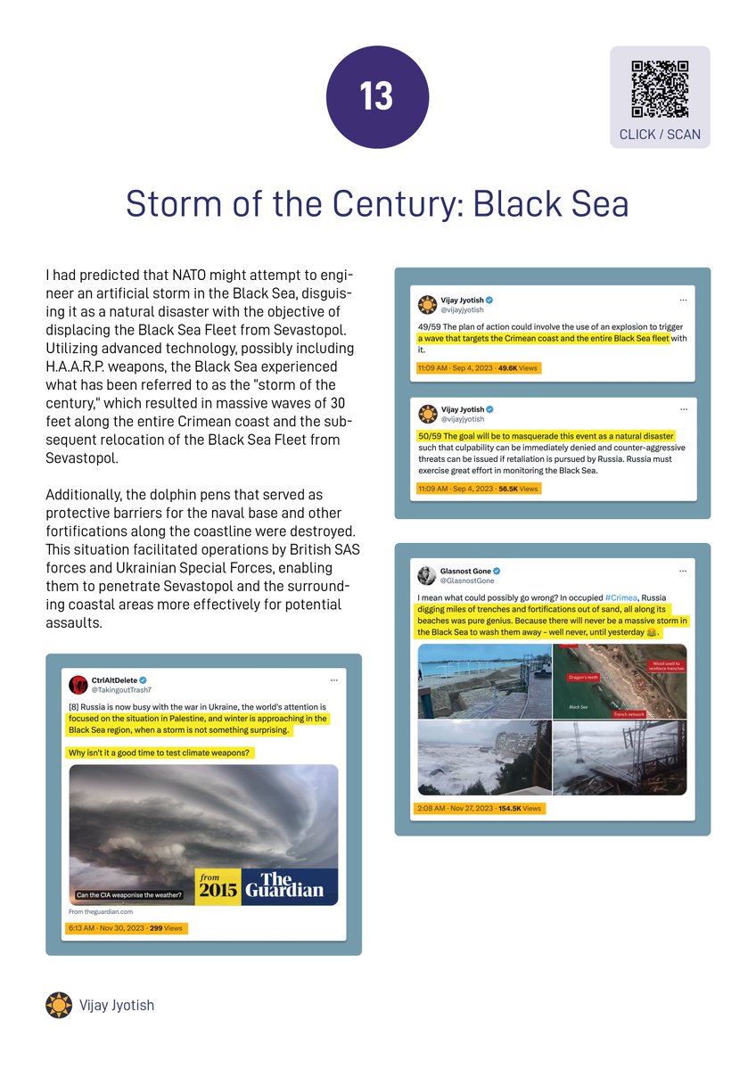 vijayjyotishusa's tweet photo. Storm of the Century: Black Sea

I had predicted that Russia's adversaries might attempt to engineer an artificial storm in the Black Sea, disguising it as a natural disaster with the objective of displacing the Black Sea Fleet from Sevastopol. Utilizing advanced technology, possibly including H.A.A.R.P. weapons, the Black Sea experienced what has been referred to as the “storm of the century,” which resulted in massive waves of 30 feet along the entire Crimean coast and the subsequent relocation of the Black Sea Fleet from Sevastopol.

Additionally, the dolphin pens that served as protective barriers for the naval base and other fortifications along the coastline were destroyed. This situation facilitated operations by Ukrainian Special Forces, enabling them to penetrate Sevastopol and the surrounding coastal areas more effectively for potential assaults.