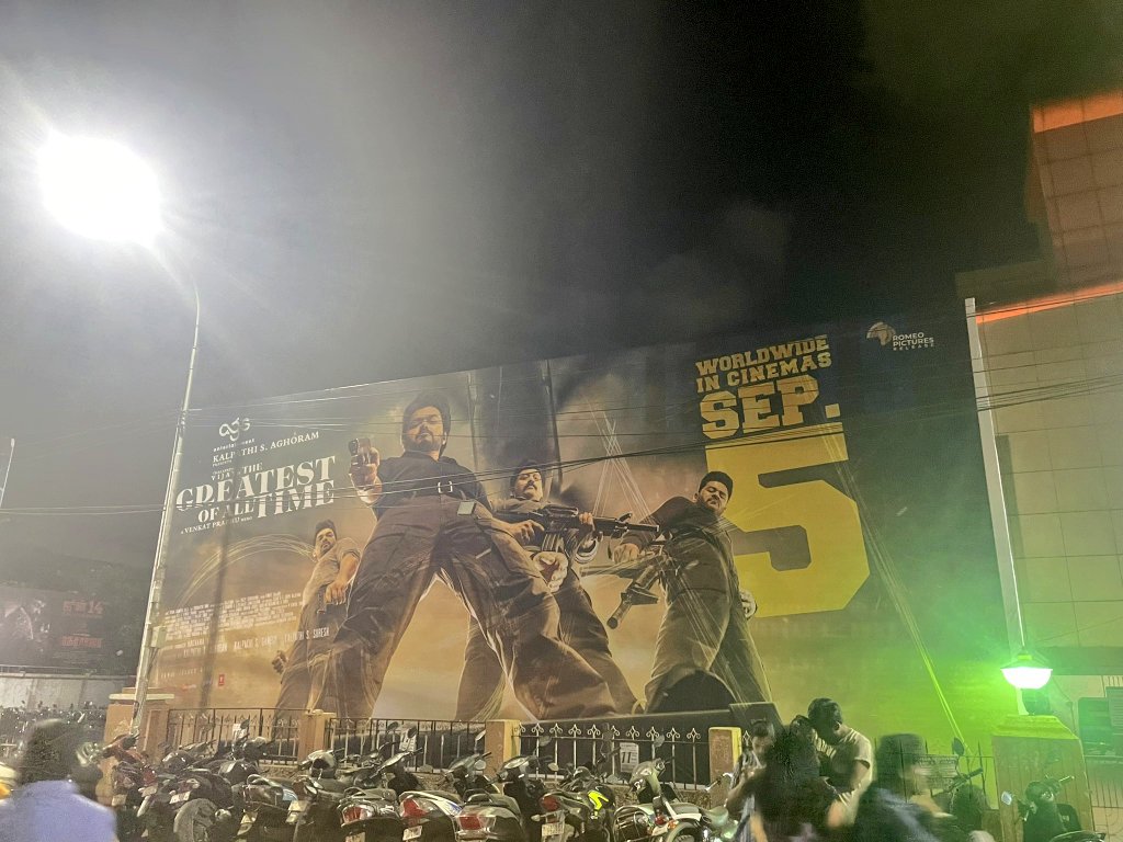 ThalapathyFP's tweet photo. #TheGOAT Banner at Theatres 🔥 #Sept5th #TheGreatestOfAllTime https://t.co/ipsrULDAHS