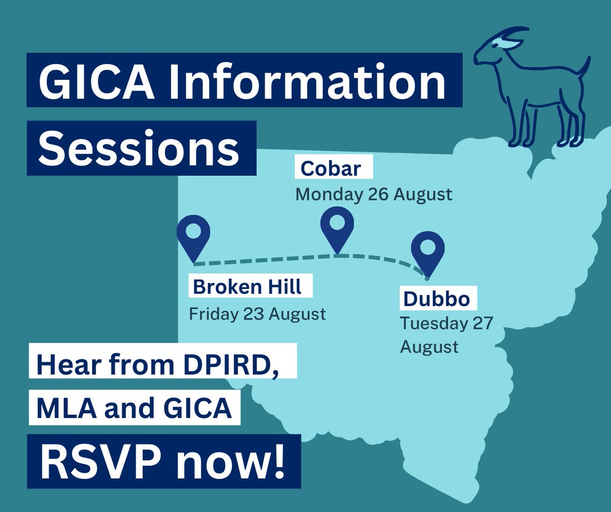 NSW Agriculture (@nswagriculture) on Twitter photo 🐐📢 Calling all goat owners for the GICA Industry Information Roadshow!
Broken Hill - Register👉 events.humanitix.com/gica-session-b…
Cobar - Register 👉 events.humanitix.com/gica-session-c…
Dubbo - Register 👉 events.humanitix.com/gica-session-d…
NSW Agriculture will be present to answer any questions you have. 🐐📢 Calling all goat owners for the GICA Industry Information Roadshow!
Broken Hill - Register👉 events.humanitix.com/gica-session-b…
Cobar - Register 👉 events.humanitix.com/gica-session-c…
Dubbo - Register 👉 events.humanitix.com/gica-session-d…
NSW Agriculture will be present to answer any questions you have.