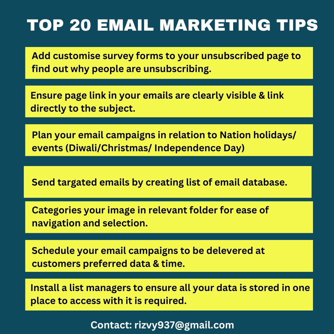 islamrizvy937's tweet photo. 20 email marketing Tips for you..

Email marketing is a best way when it comes to personalized marketing.
Email marketing looks very professional and serious..
If you do it in a right way without irritating people you can get best conversion...

#abidulislamrizvy #emailmarketing https://t.co/dXCs9XEbib