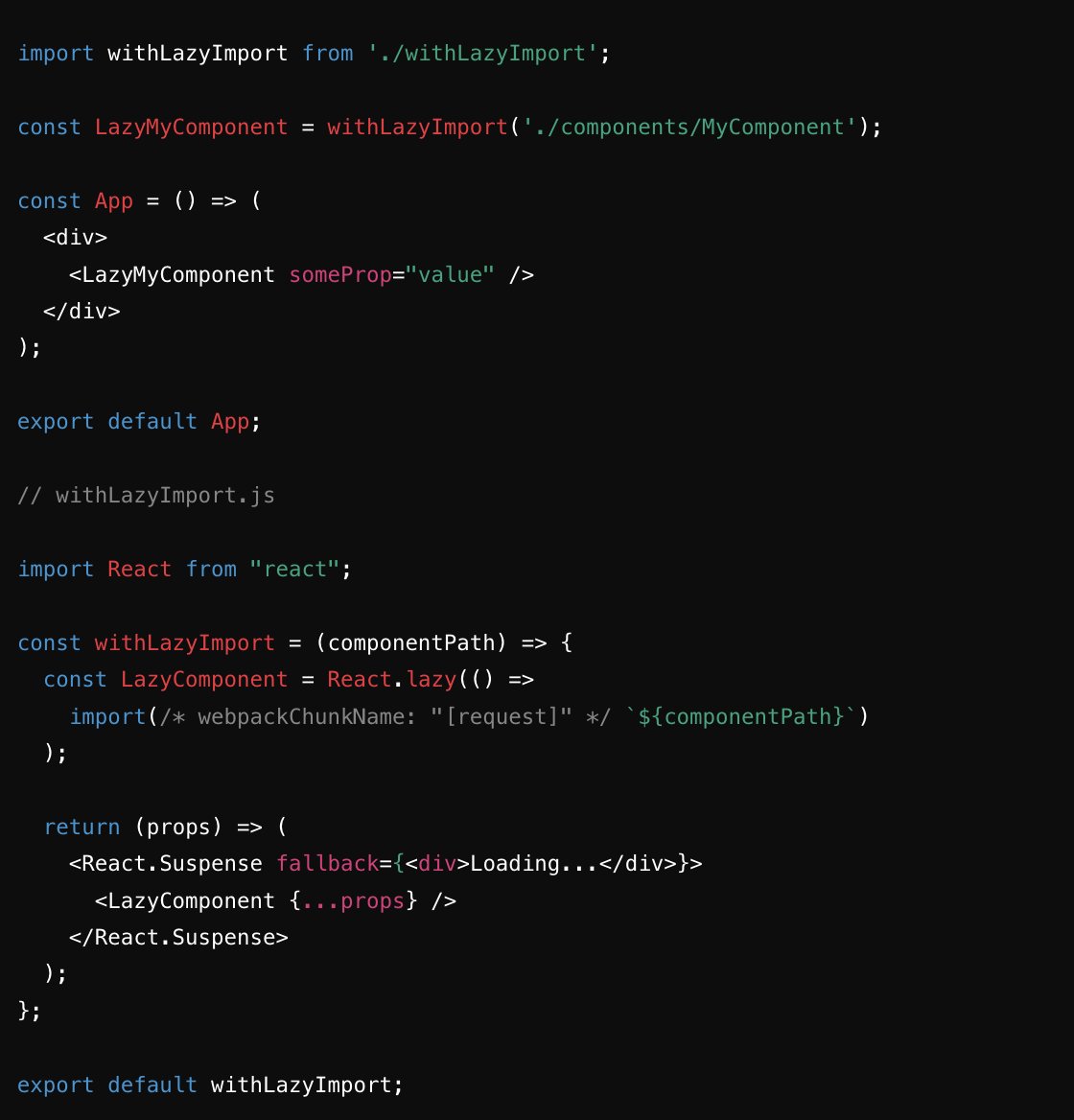 taruunjaain's tweet photo. Tired of writing React.Suspense over and over? 🤯 Say goodbye to that boilerplate! If you're juggling multiple lazy components, this simple HOC is your new best friend. 📷
#WebDev #CodeSplitting #developers #React #hoc  #dry #drycode
@WebDeveloperHQ
@_100DaysOfCode @reactjs https://t.co/cnHiemsBOQ