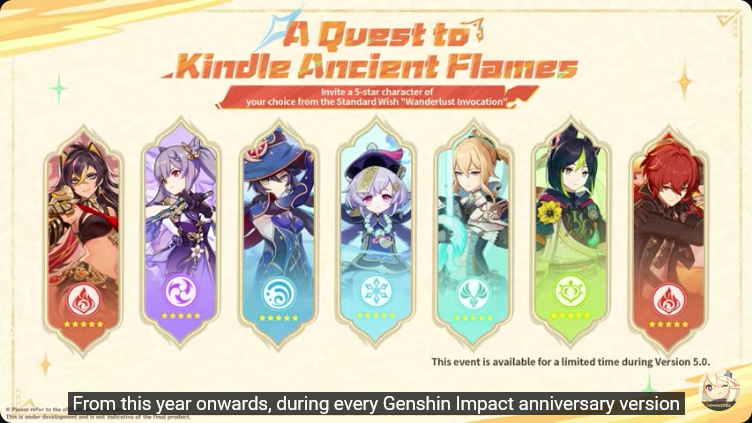 G8_Genshin's tweet photo. Starting from Version 5.0, players get a free 5-star Standard Character of their choice every year on Genshin Impact's anniversary patch!

#GenshinImpact #Livestream #SpecialProgram #Natlan #Game8 https://t.co/h3ufF2kCyt