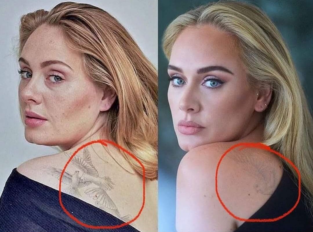 @RipsBeard107 <a href="/Prolotario1/">Ariel</a> Adele was replaced whole-cloth. Not plastic surgery. Just like Taylor Swift, Paul McCartney, M&amp;M and others. The 'after' Adele has a totally diff tat.