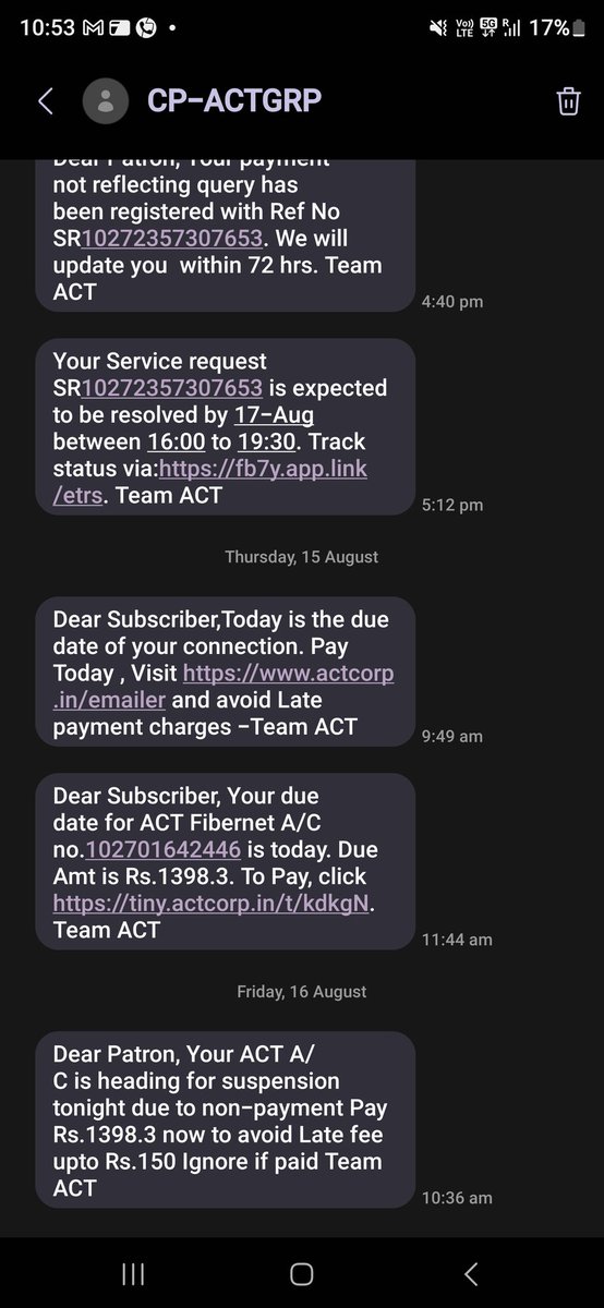 EnthrallingSoum's tweet photo. Hello @ACTFibernet I am getting messages of suspension .Although this ticket has been raised long back.Plz inform your relevant team. https://t.co/IKp4pUc7Ei