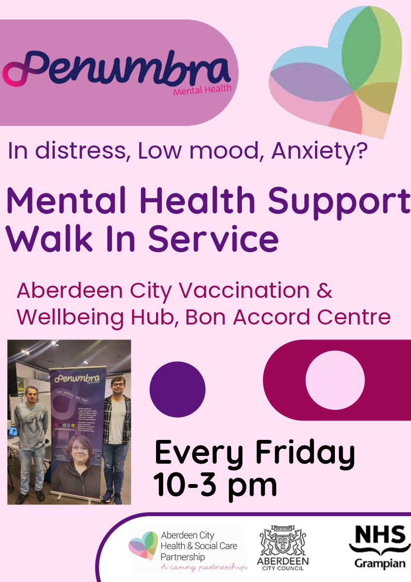 Feeling anxious, in distress or low mood?  Penumbra Mental Heath Team have drop in sessions every Friday at the Vaccination and Wellbeing Hub, Bon Accord Centre from 10am -3.00pm. Just walk in - no appt necessary and ask for Penumbra. <a href="/penumbra_scot/">Penumbra Mental Health</a> <a href="/NHSGrampian/">NHS Grampian</a> <a href="/HSCAberdeen/">Aberdeen City HSCP</a>