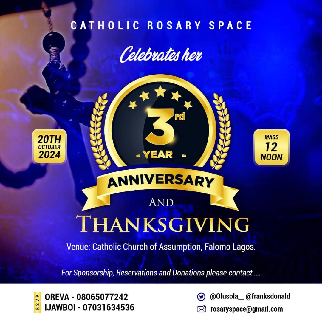 Hello Catholic Rosary Space family, here are the details for donations towards the Anniversary

1313104724
Zenith Bank
Catholic Rosary Space

Flutterwave:
flutterwave.com/donate/0em1er9…

Thank you for your support thus far🎉❤️