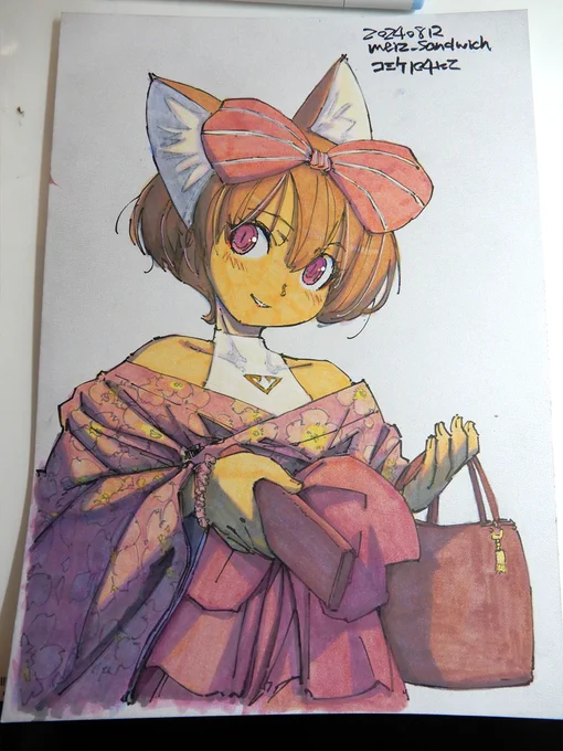 【アナログ2159:深夜サンドイッチスタンドの看板娘】買い物好きで人の用事にもついてくる。品物に興味が無くても雑談をしながら行列に並ぶのが好き。コミケ104の会場で描いた原画に着色。#水彩 #原画 #狐娘 