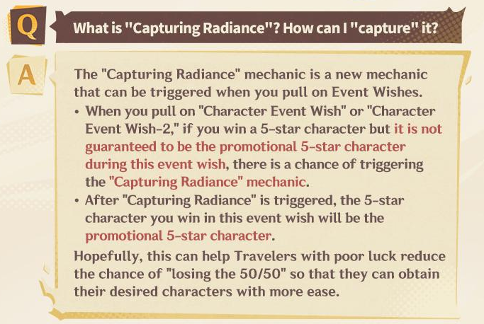 genshinmains_'s tweet photo. The "Capturing Radiance" mechanic will be added to the Wish system to help Travelers who have poor luck with pulls!

#原神📷 #Genshinlmpact https://t.co/W6acVyysqd