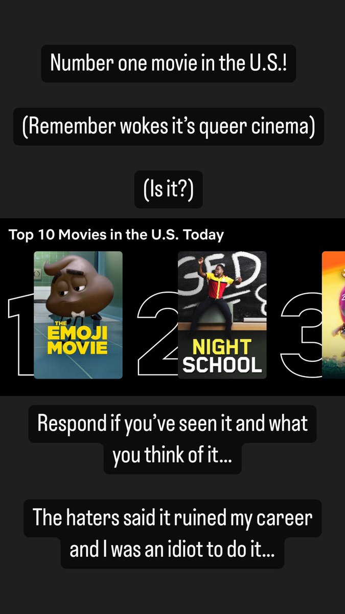 nottjmiller's tweet photo. Not so meh anymore;  my queer cinema film “The Emoji Movie” is the #1 movie in America today. 
Haters said it’d ruin me and I never should have left Silicon Valley. 

Who’s 💩ing now?

Love you all very much. https://t.co/fNMtz9psSq